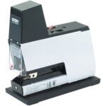 The MH-USA Automatic Electric Stapler features a sleek black and white casing with a transparent front for easy staple insertion. It sits on a stylish black base, boasting a modern, angular design ideal for any workspace.