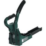 The MH-USA 5/8 Manual Stick Feed Carton Stapler features a green, heavy-duty design with a black handle and sturdy metal build for industrial use. Its branded logo ensures reliable performance.