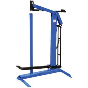 A blue manual pallet stacker with a black lifting platform evokes the precision and sturdiness of an MH-USA 5/8 Foot Operated Stick Feed Stapler, featuring a vertical mast, lever mechanism for lifting, and extended legs for stability.
