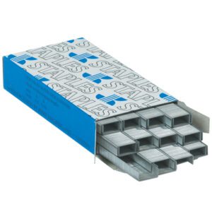 A blue and white box labeled STAPLES contains MH-USA 5/16 Economy Staples (5000/Case), with rows of ready-to-use stacked staples, ensuring a lasting supply for your office needs.
