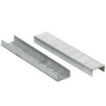 Two stacks of MH-USA 1/4 Automatic Electric Staples (25000/Case) shine on a white surface, with one stack upright and the other lying flat, showing their L-shaped profile.