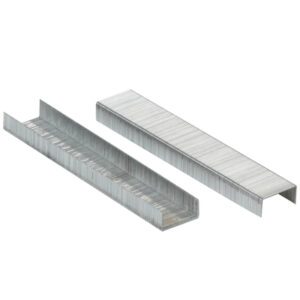 Two stacks of MH-USA 1/4 Automatic Electric Staples (25000/Case) shine on a white surface, with one stack upright and the other lying flat, showing their L-shaped profile.