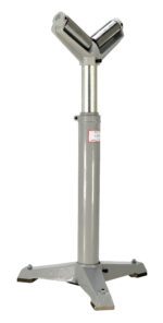 The Vestil V Roller Stand 33 To 43 In Range is a silver metal adjustable V-shaped stand with a sturdy tripod base, perfect for supporting pipes or items during tasks like sawing or welding.