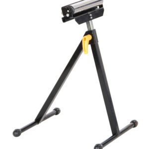 The Vestil Roller Stand 4 Way 8 Ball Roller 28-44 H is a black adjustable tripod stand with a horizontal roller and a yellow lever for height adjustment, offering a versatile range of 28 to 44 inches, perfect for supporting materials in woodworking and other projects.