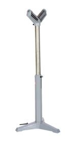 The Vestil Roller Stand 2, featuring adjustable 5-inch V Beams and a metal column ranging from 27 to 42 inches, offers versatile support with a sturdy three-legged base and grey frame.