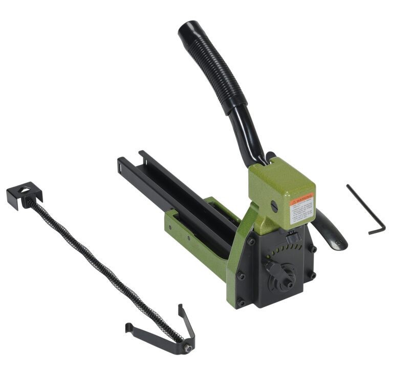 The green and black manual metal strapping tool is shown with a strap retainer and a hex key wrench on a white background, echoing the efficiency of tools such as the Vestil Manual Carton/Box Stapler 100 Pcs 3/4 In.
