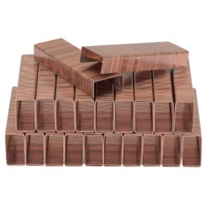 Neatly piled copper-colored staples, compatible with the Vestil Manual Carton/Box Stapler 2000 Pcs 3/4In, display their shiny rectangular shape; some lie flat while others stand vertically.