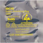 The MH-USA 3 x 4 Open End Static Shielding Bags (100/Case) have yellow static sensitivity and handling warnings, are RoHS compliant, made in the USA by SCS, and feature lot number 0363905100395 for easy tracking.