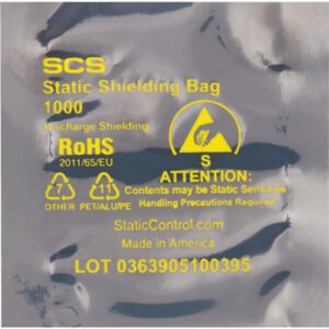 A close-up of the MH-USA 4 x 7 Open End Static Shielding Bag (100/Case) displays yellow SCS, Static Shielding Bag 1000, recycling and RoHS symbols, with notes on Static Sensitive, Made in America, and LOT #0363905100395.