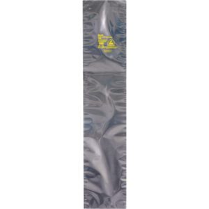 The MH-USA 4 x 26 Open End Static Shielding Bags (100/Case) are long, crinkled, metallic silver bags with a yellow caution symbol and text near the top. Their reflective texture and sealed edges ensure reliable protection.