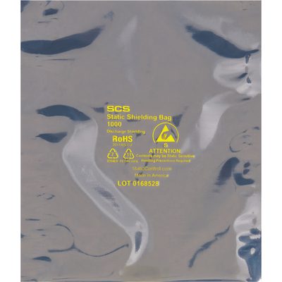 STC127.jpg The MH-USA 6 x 10 Open End Static Shielding Bags (500/Case) feature reflective silver material with yellow text showing SCS, Static Shielding Bag, RoHS Compliant, and Lot 0168528, efficiently safeguarding electronic components.