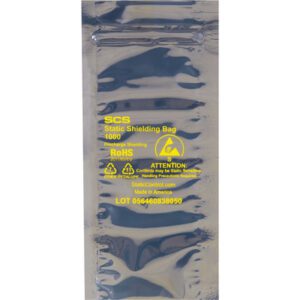 The crinkled, reflective MH-USA 4 x 8 Reclosable Static Shielding Bag (500/Case) is silver with yellow text and symbols. It has warnings about static sensitivity and product details like SCS, Static Shielding Bag, RoHS, and a lot number for secure storage.