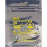 The silver static shielding bag has yellow text with Static Shielding Bag, RoHS, SCS, and Made in America. It features recycling symbols and a warning icon for handling, plus the lot number: 15737643277378. Its part of the MH-USA 5 x 8 Reclosable Static Shielding Bags (100/Case).