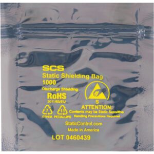 A transparent static shielding bag reads SCS Static Shielding Bag 1000, with yellow symbols, caution icon, handling instructions, ROHS, Other PETUALTE, and Made in America. It has a visible lot number. Part of the MH-USA 24 x 24 Reclosable Static Shielding Bags (100/Case).