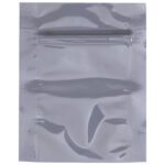 A pristine silver metallic MH-USA 2 x 3 unprinted resealable foil bag is shown from the front. Available in cases of 100, it’s ideal for storing food or electronics, protecting them from moisture and air.