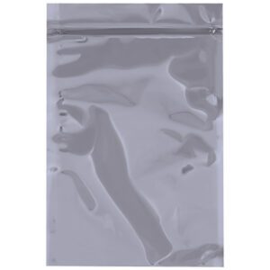 The MH-USA 5 x 8 reclosable static shielding bag is a silver, glossy metallic zipper bag with subtle reflections and creases. It features a resealable closure and lies flat. (100/Case).