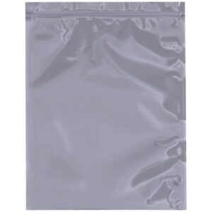 A semi-transparent, glossy gray bag labeled MH-USA 9 x 12 Unprinted Reclosable Static Shielding Bags (100/Case) is shown against a plain background. Its zipper top closure and light-reflective surface create shiny areas.