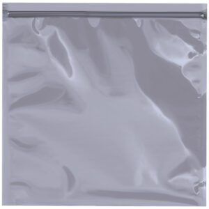 The MH-USA 12 x 12 Unprinted Reclosable Static Shielding Bag features a glossy, transparent design with a secure zip seal, reflecting light elegantly on its slightly crumpled surface against a plain background.