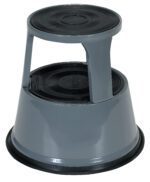 The Vestil Gray Rolling Step Stool 17 In features a stylish two-step design with black rubber tread and a round base for stability. Its smooth plastic surface combines practicality and style, providing safety while reaching high places.