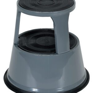 The Vestil Gray Rolling Step Stool 17 In features a stylish two-step design with black rubber tread and a round base for stability. Its smooth plastic surface combines practicality and style, providing safety while reaching high places.