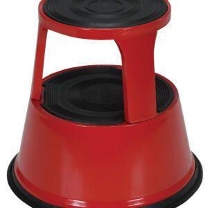 The 17-inch Vestil Red Rolling Step Stool has two steps with black non-slip surfaces, a conical base, and a handle for easy mobility, making it a practical addition to any space.