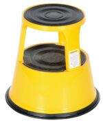 The Vestil Yellow Rolling Step Stool 17 In has a tapered design, stands at 17 inches, includes a caution label, features two circular black steps, and has a sturdy rubber base for stability.