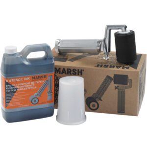 The MH-USA K-1 Fountain Roller Kit (1 Kit) contains a large bottle of Marsh stencil ink, a stencil roller, a plastic container, and a cardboard box decorated with stencil roller images.