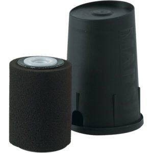 A black plastic cup and an MH-USA K-1 Replacement Roller, featuring a cylindrical design with black foam and a white top, sit against a pristine white background.