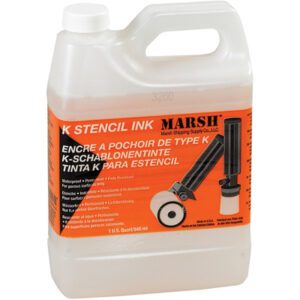 Marsh K Stencil Ink container with a handle and roller applicator features a multilingual label similar to the MH-USA K-1 Quart of Solvent & Cleaner, highlighting waterproof and fast-drying properties. The container holds 1 US gallon (3.785 liters) of ink.