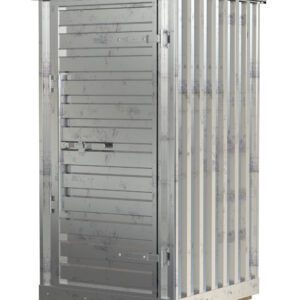 A compact, weathered Vestil Storage Locker 4X4 features vertical slats and sits on wooden blocks. Its hinged door is secured with a metal latch and has a lightly rusted look.