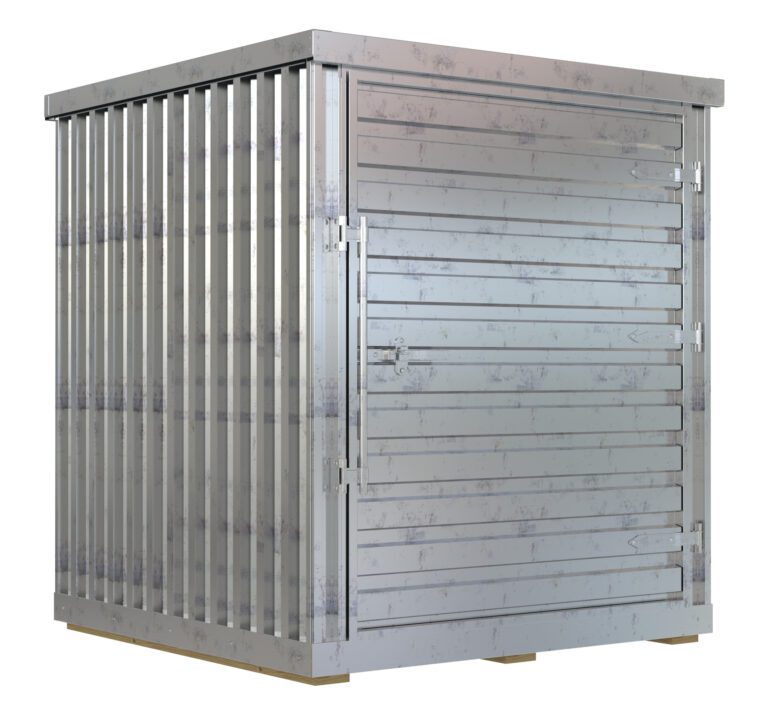 STOR-66-G-W-1RH-WD_A.jpg Crafted from durable materials, the silver-gray Vestil Storage Building with corrugated sides and a closed 6X6 wide door rests on wooden pallets. Accented by rust spots, it combines rugged industrial style with functional appeal.