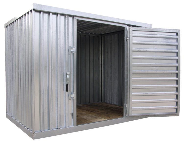 The Vestil Storage Building Single Galvanized has corrugated walls, an open door, and a wooden floor, highlighting a spacious interior. Made of sturdy galvanized steel with an industrial design, it comes in a sleek silver color.