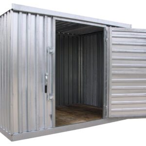 The Vestil Storage Building Single Galvanized has corrugated walls, an open door, and a wooden floor, highlighting a spacious interior. Made of sturdy galvanized steel with an industrial design, it comes in a sleek silver color.