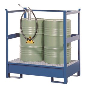 Two green metal barrels with a flammable symbol are secured on a Vestil Transport Drum Pallet W/Siderail 1200 Lb. One barrel includes an attached pump and hose for ease of access and safe handling.