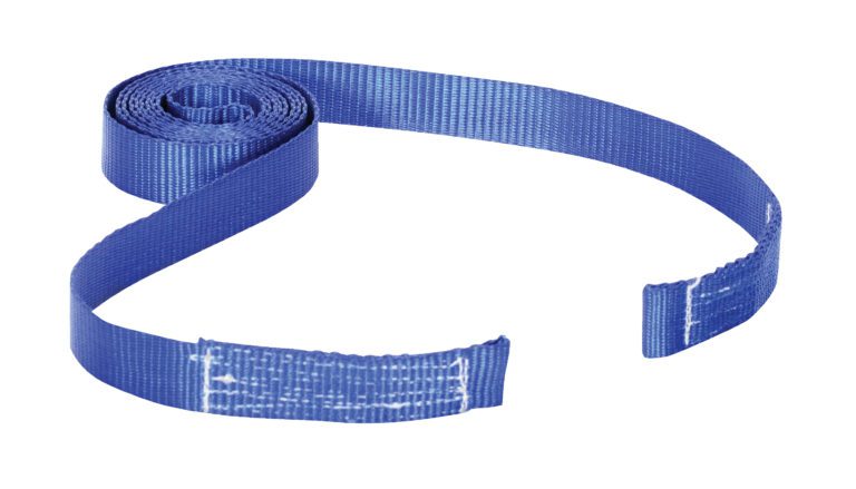 A partially unrolled coiled blue climbing sling shows a flat, woven texture similar to the durable nylon loop pull strap seen in the Vestil Dolly Nylon Loop Pull Strap 87 In Length.
