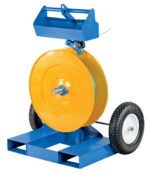 A portable cable reel, featuring a blue metal frame, yellow circular reel, and two black tires, mirrors the design of the Vestil Strapping Cart With Fork Pockets. The base includes openings to facilitate lifting and maneuvering.