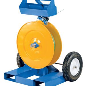 A portable cable reel, featuring a blue metal frame, yellow circular reel, and two black tires, mirrors the design of the Vestil Strapping Cart With Fork Pockets. The base includes openings to facilitate lifting and maneuvering.