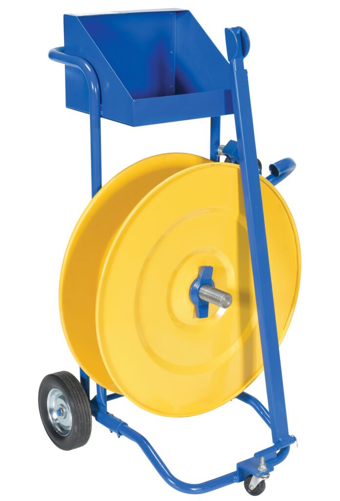 The blue and yellow hose reel cart, resembling a Vestil Manual Pallet Probe Strapping Cart, includes two wheels for mobility. It boasts a large yellow reel within a robust blue frame, featuring an easy-grip handle and a handy top storage tray.