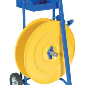 The blue and yellow hose reel cart, resembling a Vestil Manual Pallet Probe Strapping Cart, includes two wheels for mobility. It boasts a large yellow reel within a robust blue frame, featuring an easy-grip handle and a handy top storage tray.