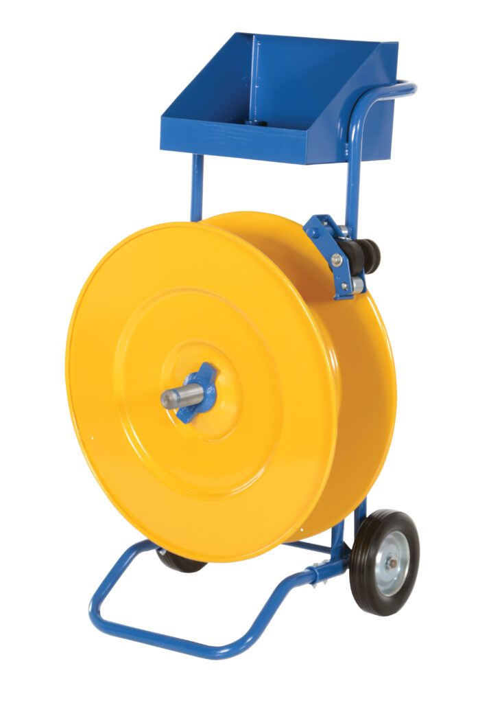 The Vestil Strapping Cart features industrial design elements with a vibrant yellow drum, sturdy blue handle and frame, two black wheels for mobility, and a convenient blue storage compartment on top.