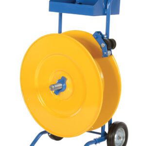 The Vestil Strapping Cart features industrial design elements with a vibrant yellow drum, sturdy blue handle and frame, two black wheels for mobility, and a convenient blue storage compartment on top.