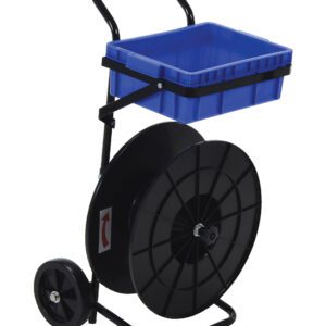 The Vestil Strapping Cart 17.5L X 16.375 X 37.5H includes a large black spool at the bottom and a blue open-top bin on top, designed for easy portability with its two rear wheels and sturdy handle for effortless maneuvering.