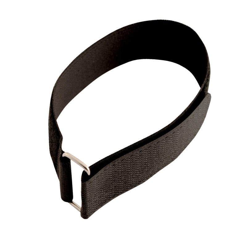 A black elastic loop with a silver metal buckle resembles the Vestil Strap With Steel Loop - 25 Pcs. Made of thick fabric, it is showcased on a plain white background, highlighting its sturdy and stylish design.