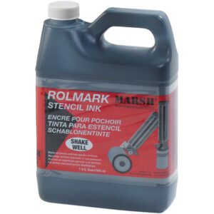 The Rolmark Quart of Black Ink (1 Qt) features a large gray jug with a red label displaying various languages, an ink roller illustration, and the text Shake Well. The jug contains 1 quart (0.95 liters) of ink.