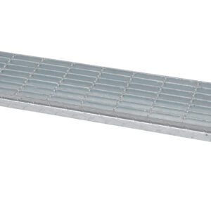 The Vestil 3 Foot Galvanized Steel Step features a silver checkered metal grating with square openings, a raised edge on one side when viewed at an angle, and flat support panels underneath, making it perfect for industrial or outdoor use.
