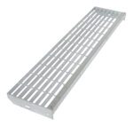 The Vestil 4 Foot Galvanized Steel Step, featuring a metallic rectangular grate with parallel bars and a solid frame, stands out against a white backdrop.