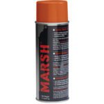 A MH-USA Orange Spray Stencil Ink can features a vibrant orange cap, a silver canister with bold MARSH text, detailed usage instructions, and striking black and orange design elements; sold in packs of 12 cans per case.