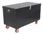 The Vestil Stl Treadplate Toolbox W/Casters 24 X 48 is a large black metal storage chest with a diamond plate pattern, featuring a lid latch and four red caster wheels for easy mobility. A sturdy side handle ensures effortless movement.