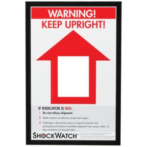 A warning label with a red upward arrow states: WARNING! KEEP UPRIGHT! For a red indicator, dont refuse the shipment; check the receipt and inspect. Boost your caution with TiltWatch® XTR Companion Labels (200/Case). ShockWatch branding is displayed at the bottom.