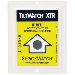 The TiltWatch® XTR (100/Case) tilt indicator label, with a black circular sensor and the warning If red, inspect contents. Tipping has occurred, ensures vigilant monitoring and features a product number under the ShockWatch brand.